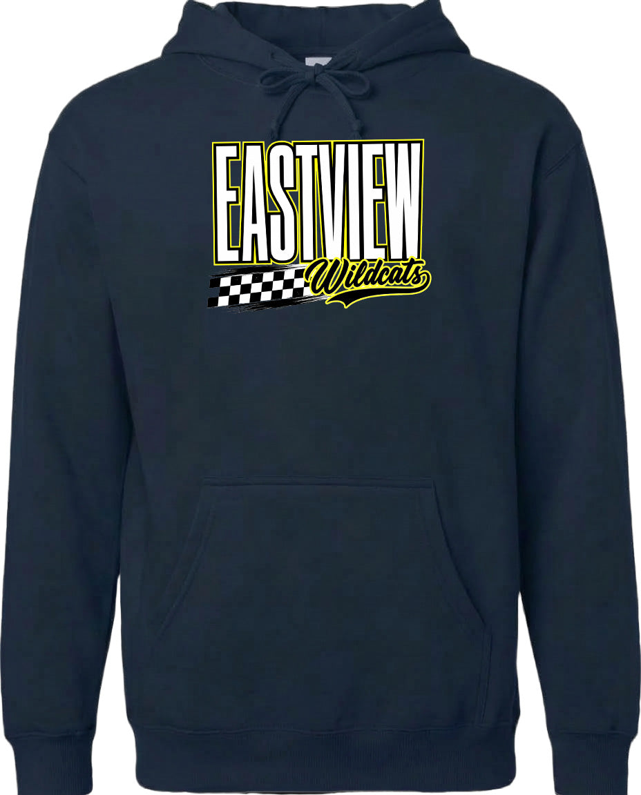 A navy blue hoodie with a graphic design featuring the text "EASTVIEW Wildcats" in yellow and black.