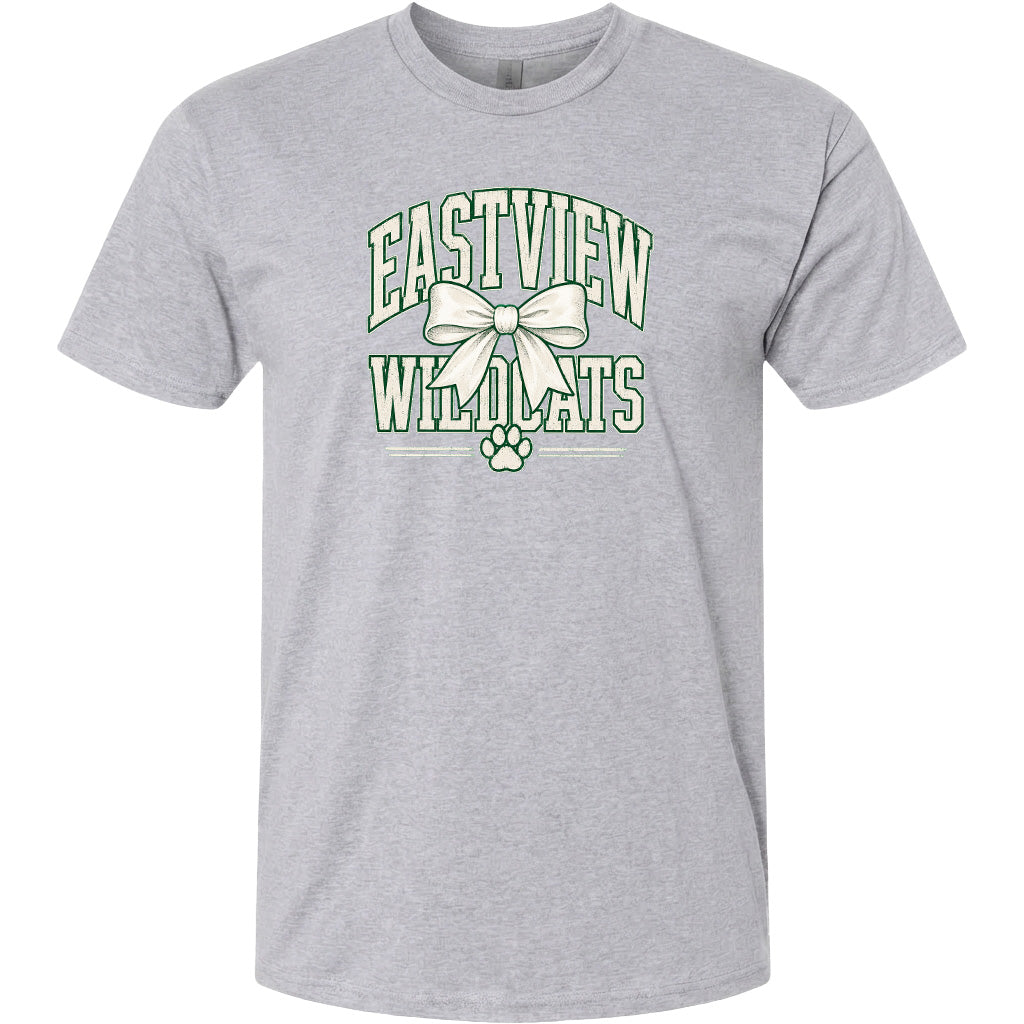 A gray t-shirt with a graphic design featuring the text "EASTVIEW WILDCATS" and a bow.
