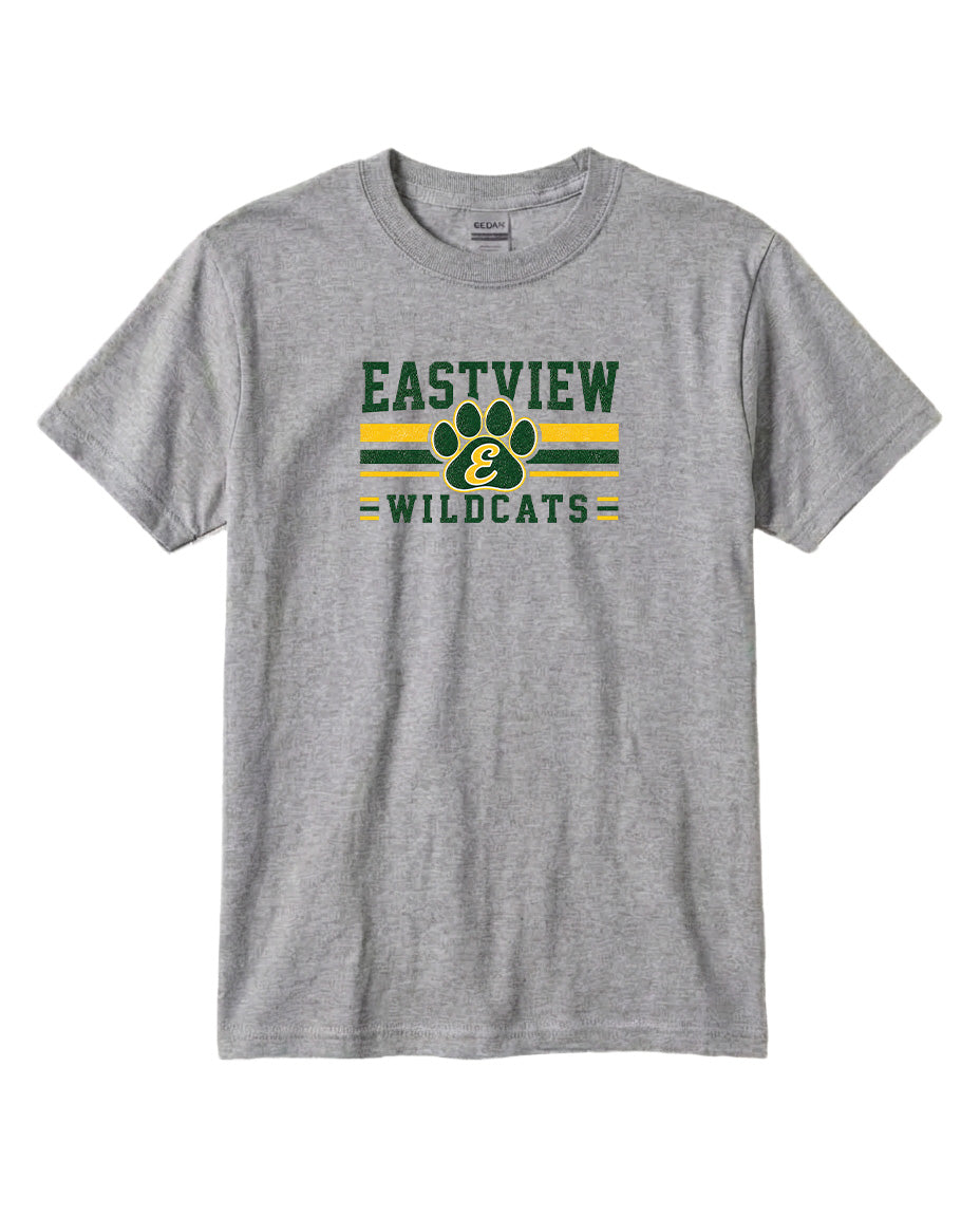 A gray t-shirt with a graphic design featuring the text "EASTVIEW WILDCATS" and a paw print logo.