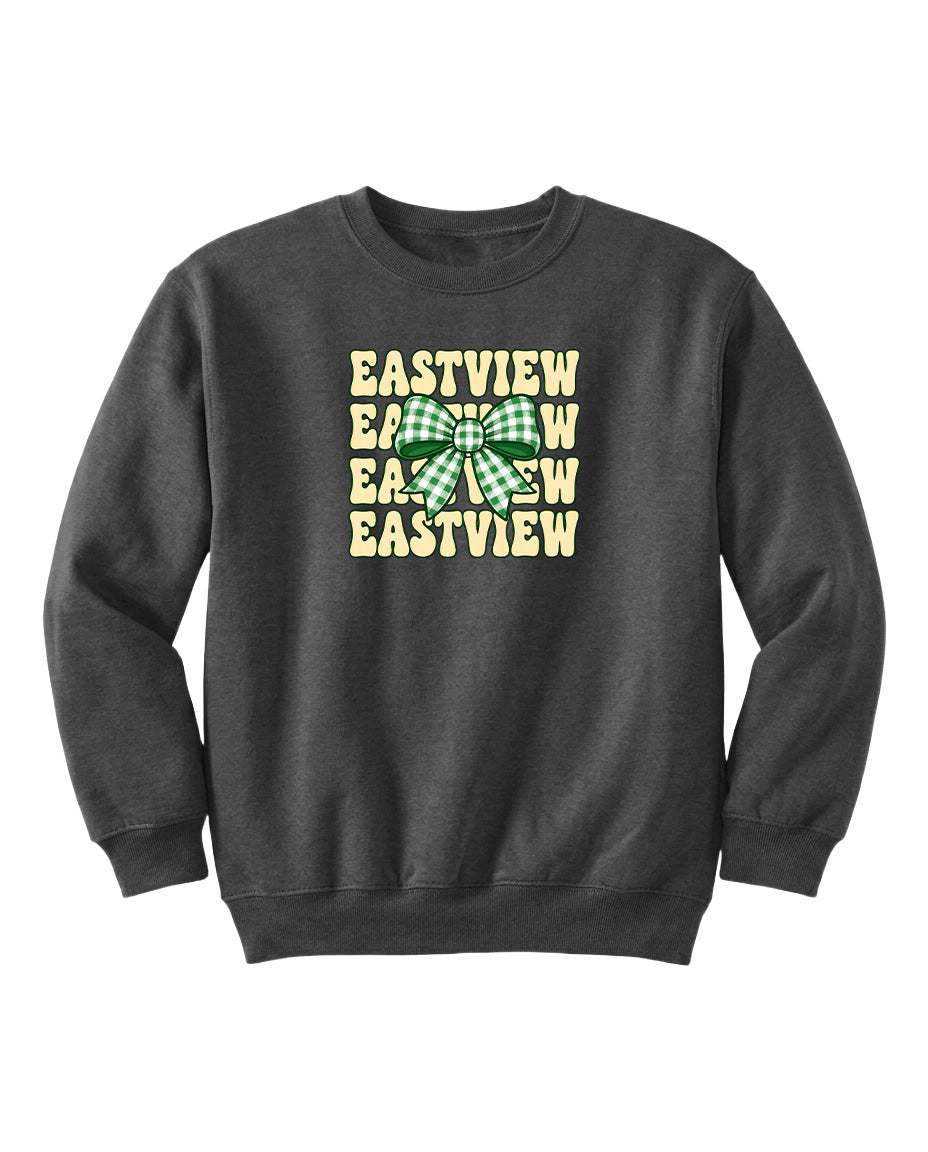A gray sweatshirt with a graphic design featuring the text "EASTVIEW" repeated in a pattern.