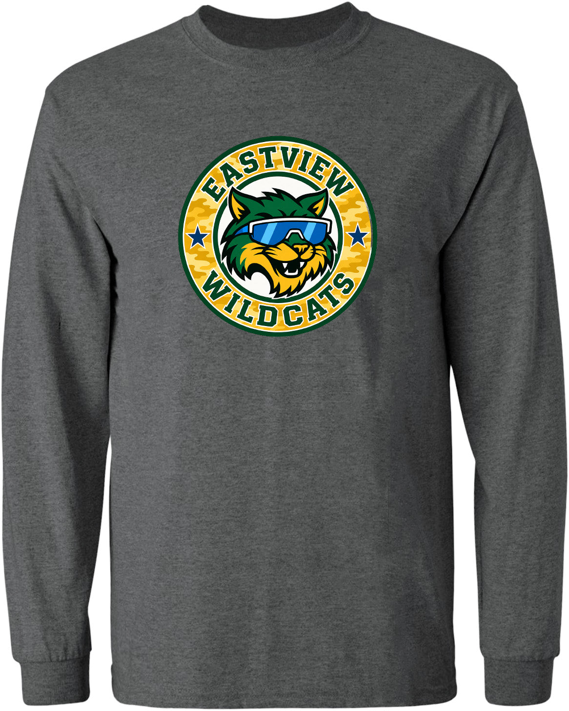 A gray long-sleeved t-shirt with a circular logo featuring a cartoon cat wearing sunglasses and the text "EASTVIEW WILDCATS".