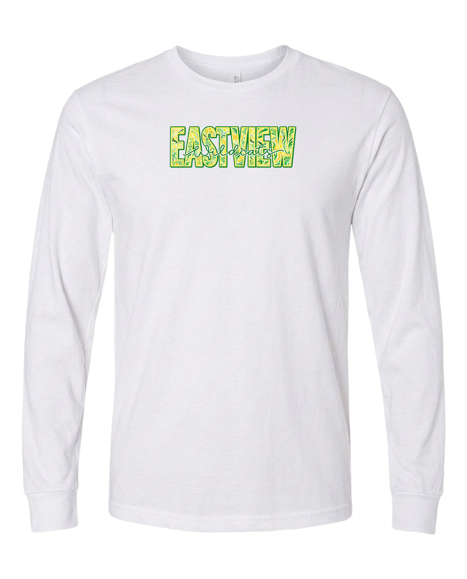 A white long-sleeved t-shirt with the text "EASTVIEW" printed on it in a stylized font.