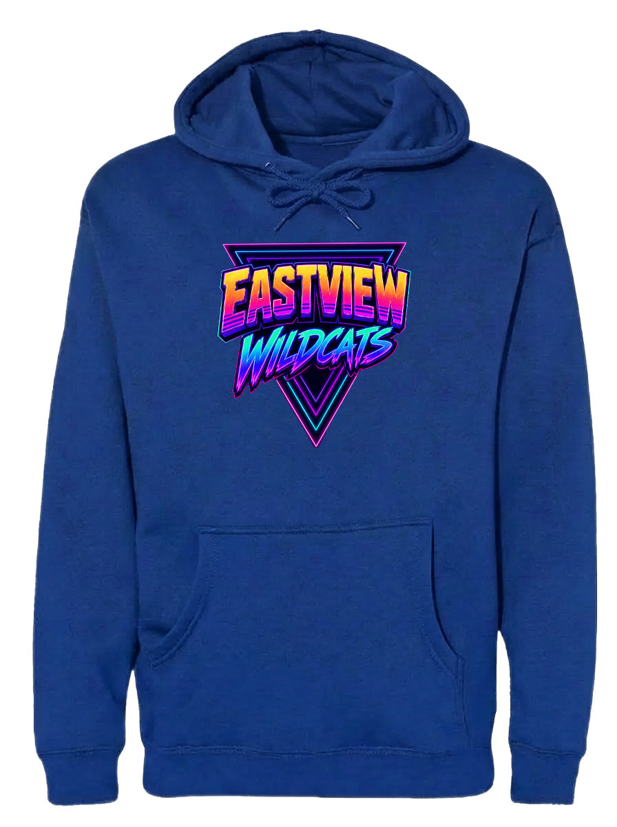 A blue hoodie with a graphic design featuring the text "EASTVIEW WILDCATS" in a colorful, retro-style font.