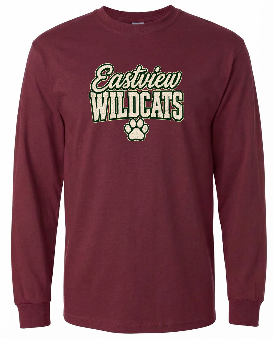A burgundy long-sleeved t-shirt with the text "Eastview Wildcats" printed on it.