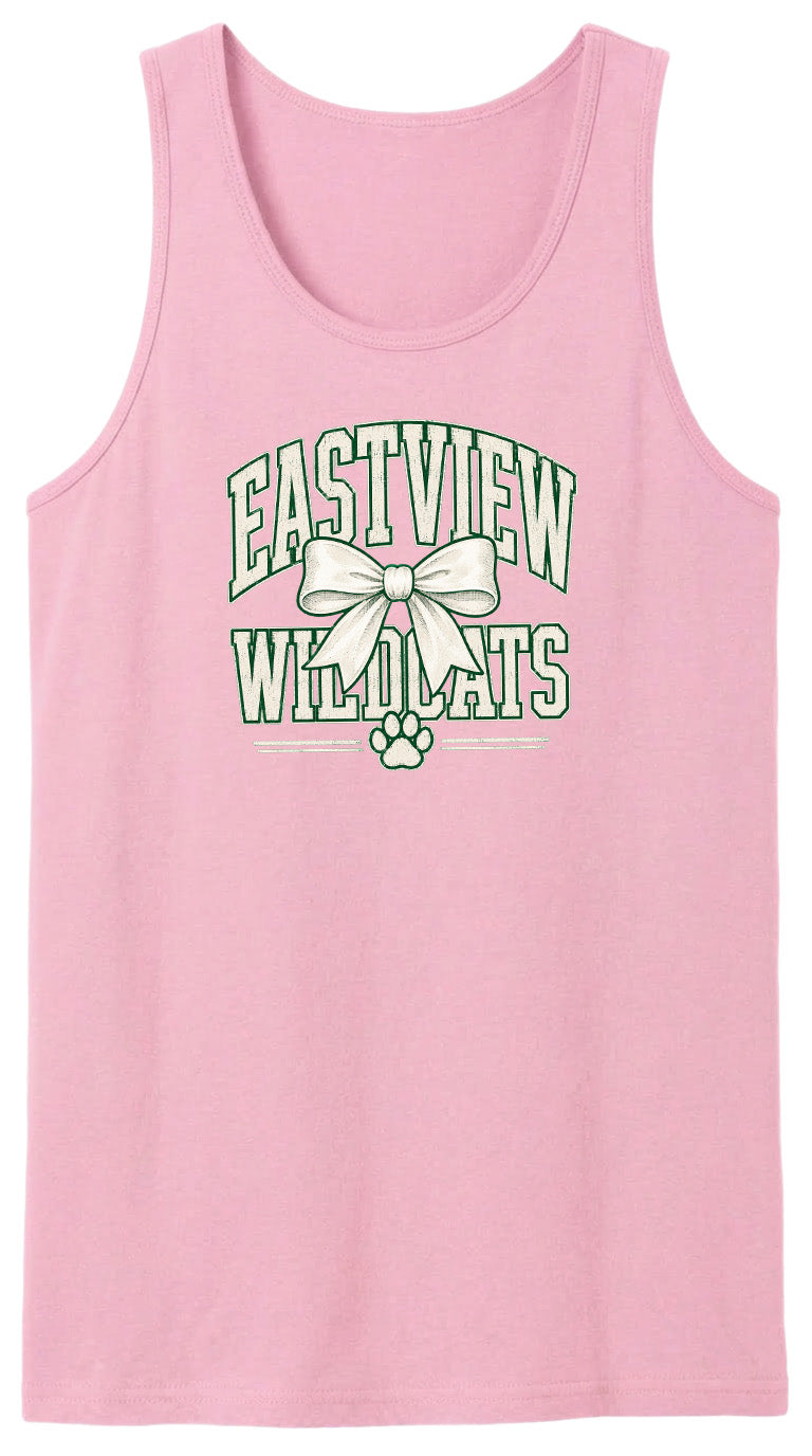 A pink tank top with a graphic design featuring the text "EASTVIEW WILDCATS" and a bow.