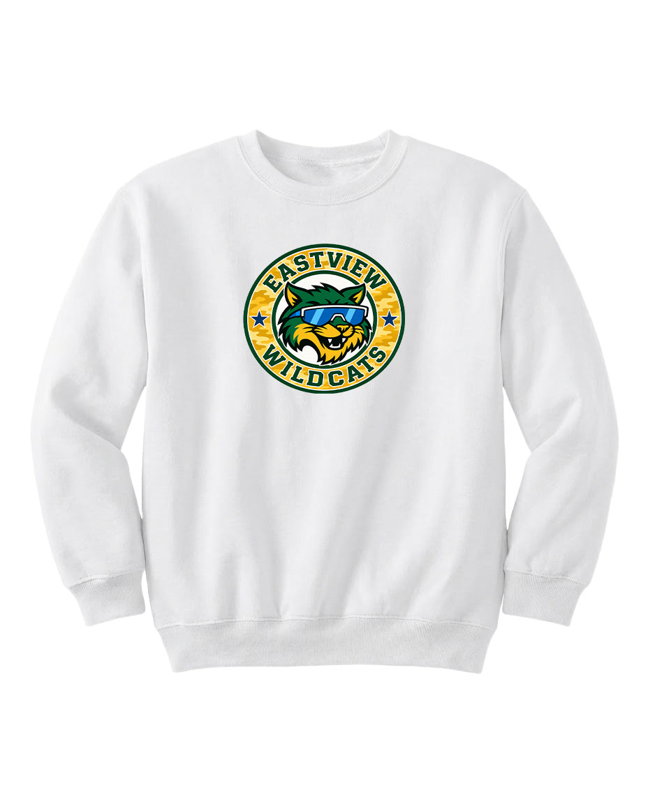 A white sweatshirt with a logo on the front.