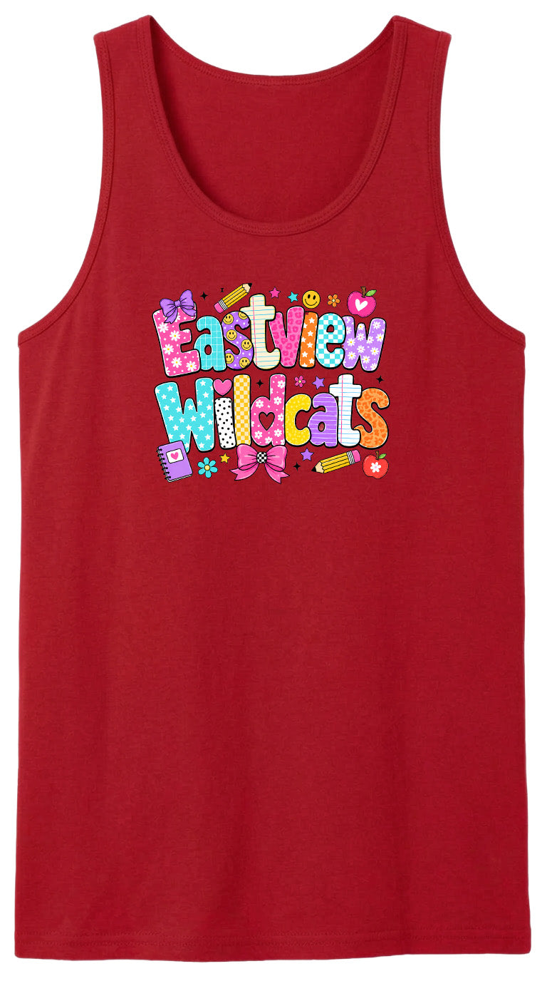 A red tank top with the text "Eastview Wildcats" printed on it.