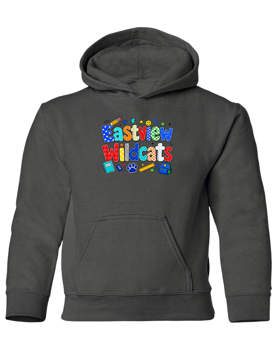 A gray hoodie with a colorful graphic design featuring the text "Eastview Wildcats" and various school-related icons.