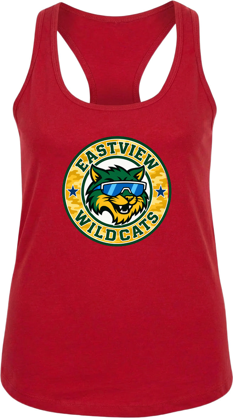A red tank top with a graphic of a cat wearing sunglasses and the text "EASTVIEW WILDCATS" printed on it.