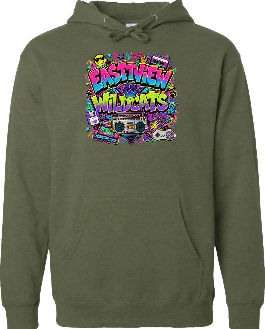 A green hoodie with a colorful graphic design featuring a boombox, sunglasses, and various other elements, along with the text "EASTVIEW WILDCATS".