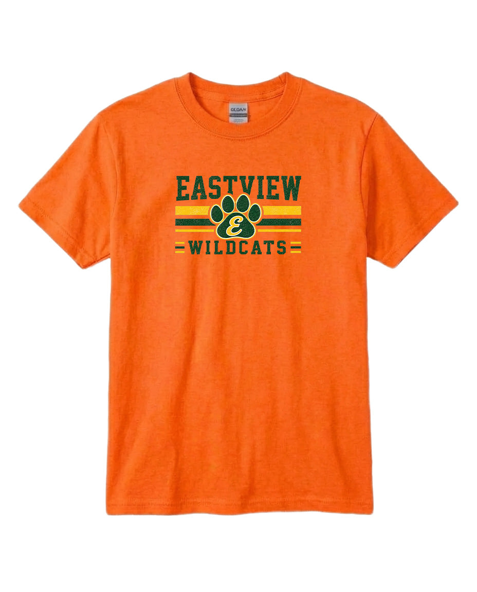 An orange t-shirt with a graphic design featuring a paw print and text that says "EASTVIEW WILDCATS".