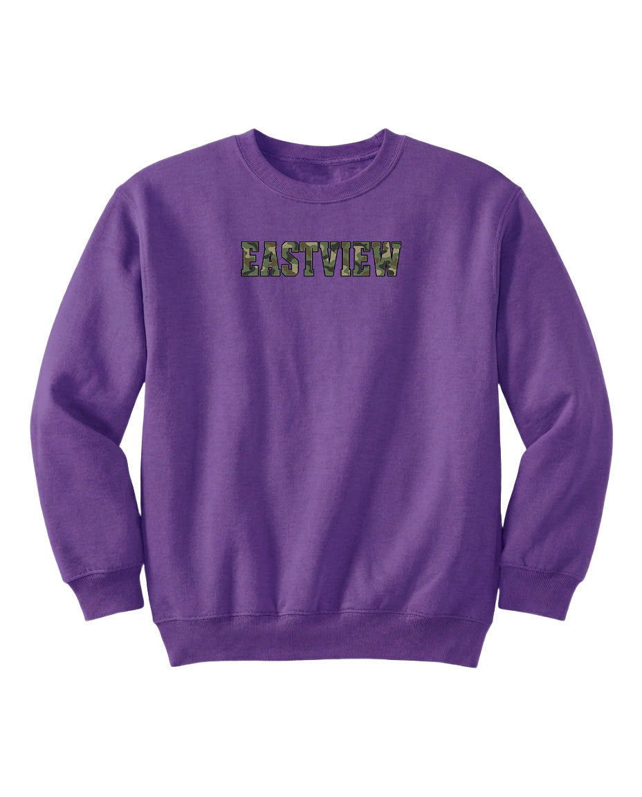 A purple sweatshirt with the word "EASTVIEW" printed on it.