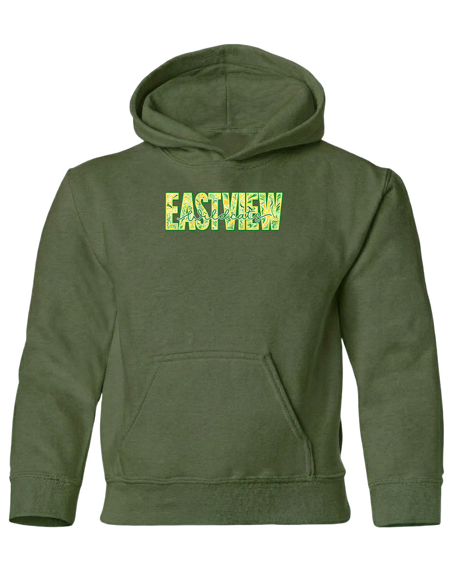 A green hoodie with the word "EASTVIEW" printed on it in a stylized font.