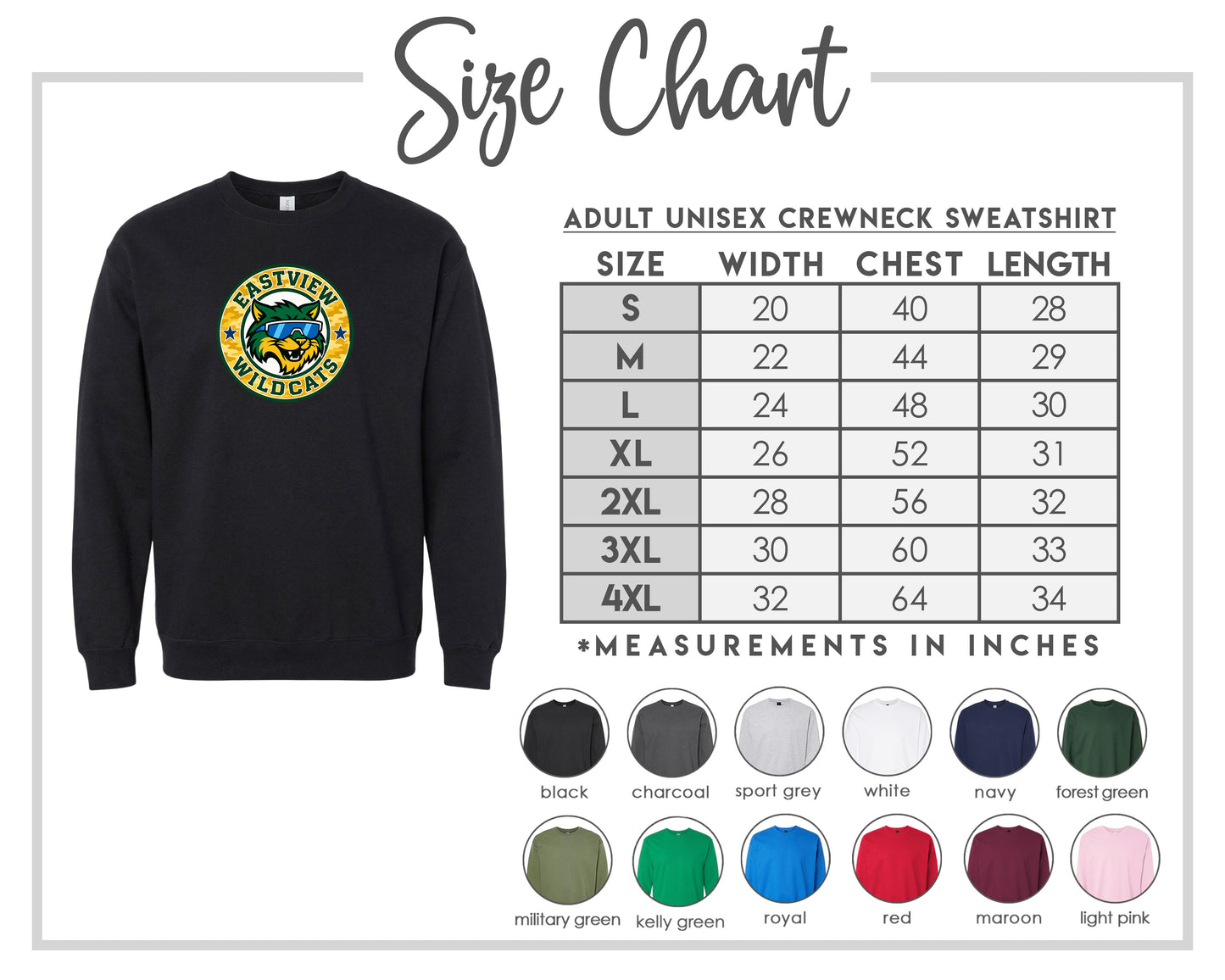The image is a size chart for an adult unisex crewneck sweatshirt. It includes a black crewneck sweatshirt with a logo and a table with size measurements for different chest and waist sizes.