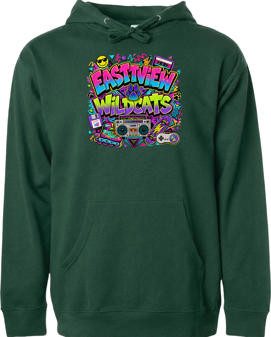 A green hoodie with a colorful graphic design featuring a boombox, sunglasses, and various other elements.