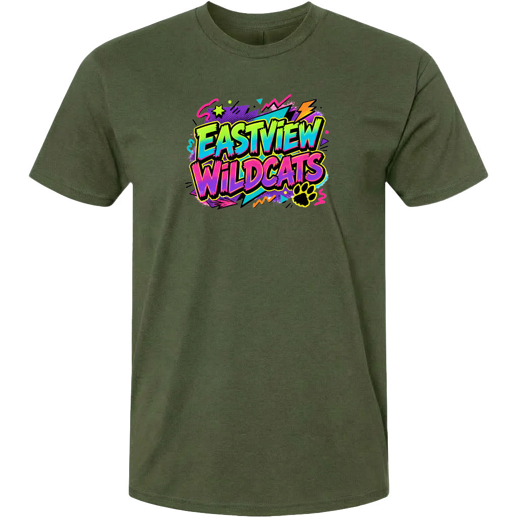 A green t-shirt with a colorful graphic design featuring the text "EASTVIEW WILDCATS" in a vibrant, graffiti-style font.
