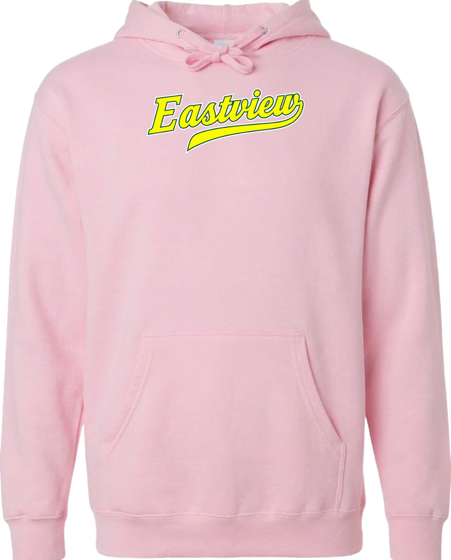 A pink hoodie with the word "Eastview" printed in yellow on the front.