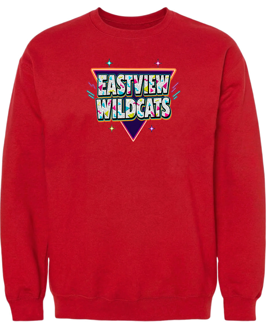 A red sweatshirt with a colorful graphic design featuring the text "EASTVIEW WILDCATS" in a stylized font.