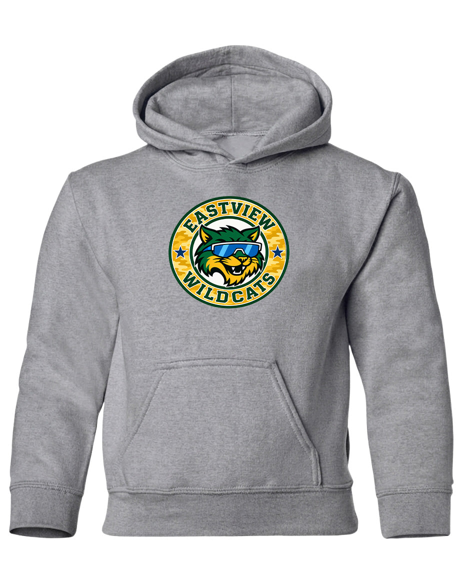 A gray hoodie with a logo on the front.