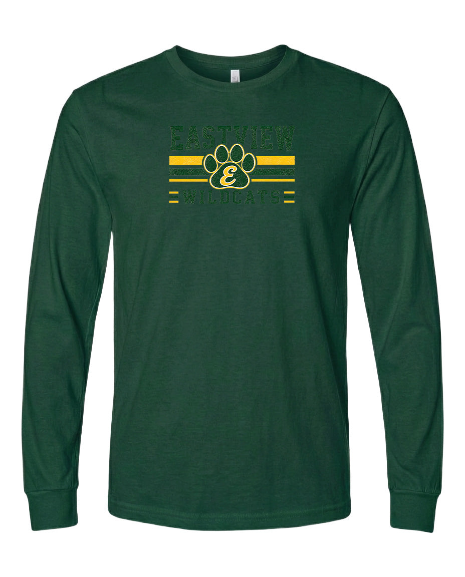 A dark green long-sleeved t-shirt with a graphic design featuring a yellow and green logo that says "EASTVIEW WILDCATS".