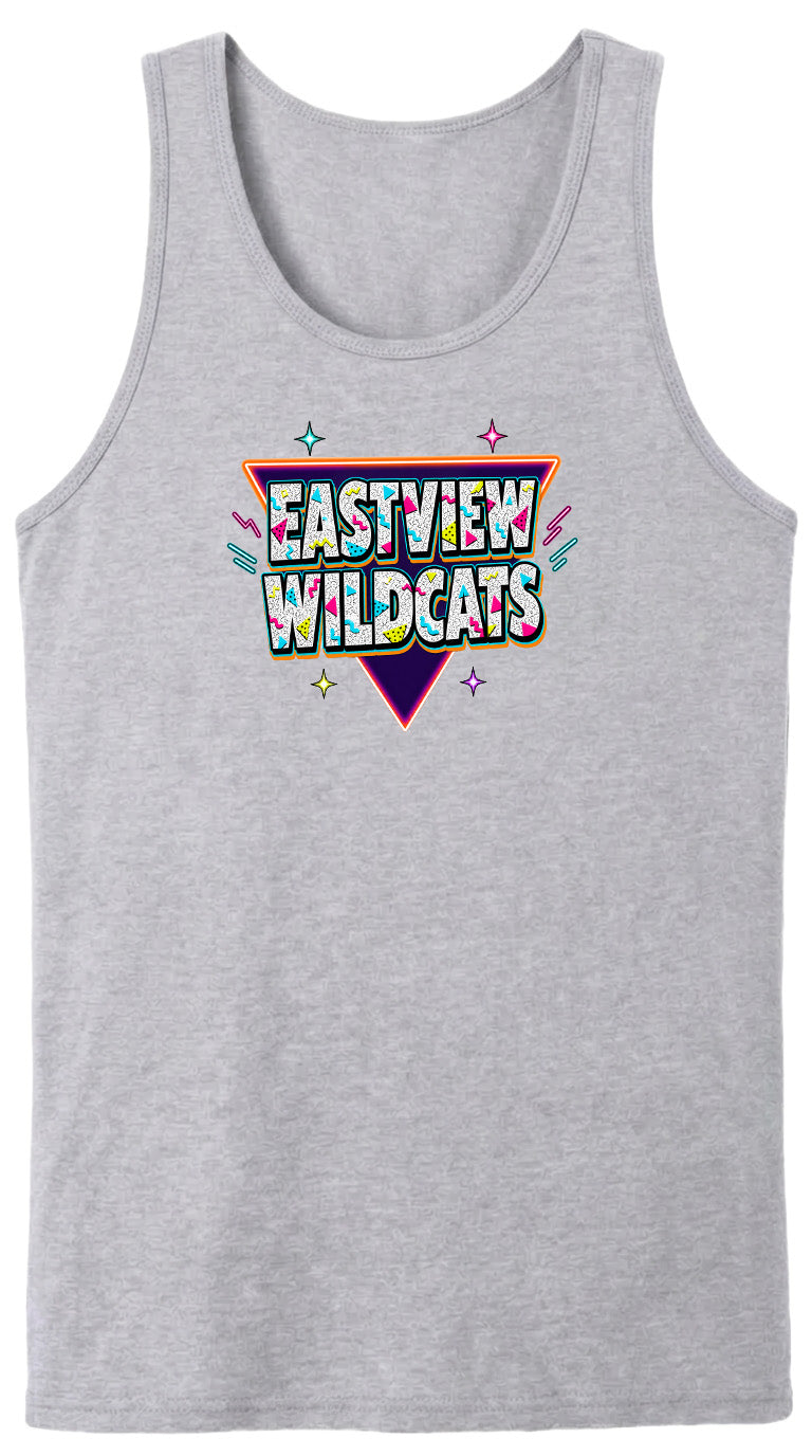 A gray tank top with a colorful graphic design featuring the text "EASTVIEW WILDCATS" in a retro style.