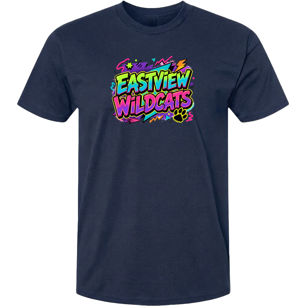 A navy blue t-shirt with a colorful graphic design featuring the text "EASTVIEW WILDCATS" in a vibrant, graffiti-style font.