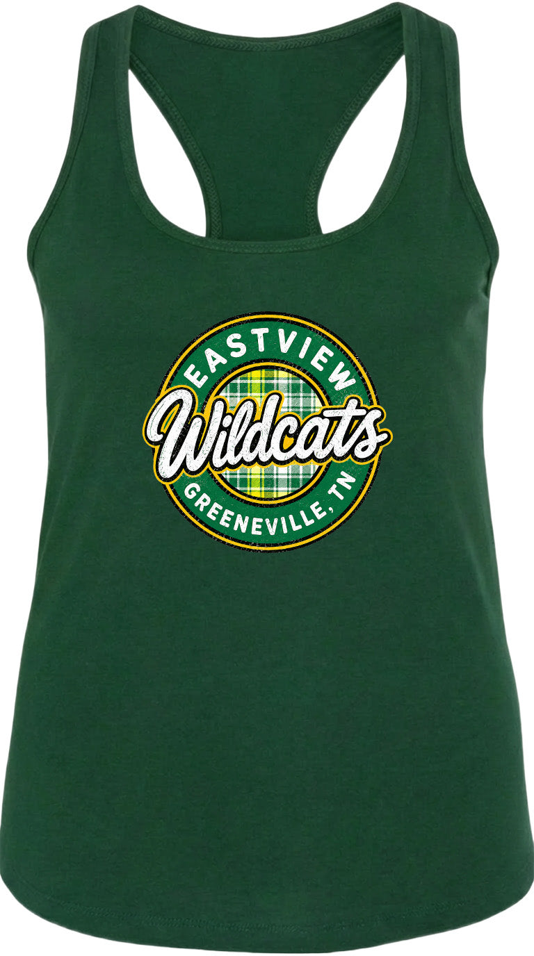 A green tank top with a circular logo that says "EASTVIEW Wildcats Greeneville, TN".