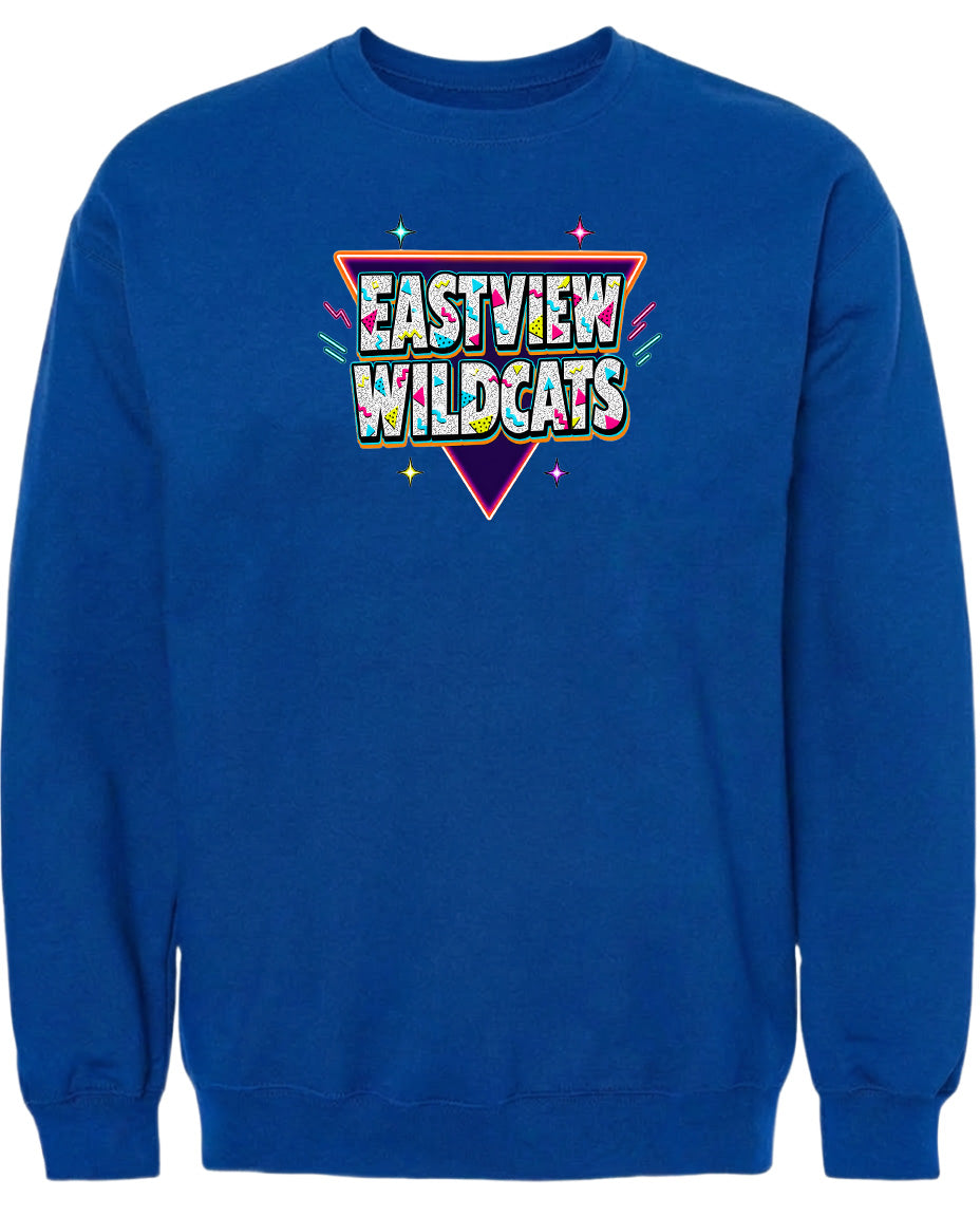 A blue sweatshirt with a colorful graphic design featuring the text "EASTVIEW WILDCATS" in a stylized font.