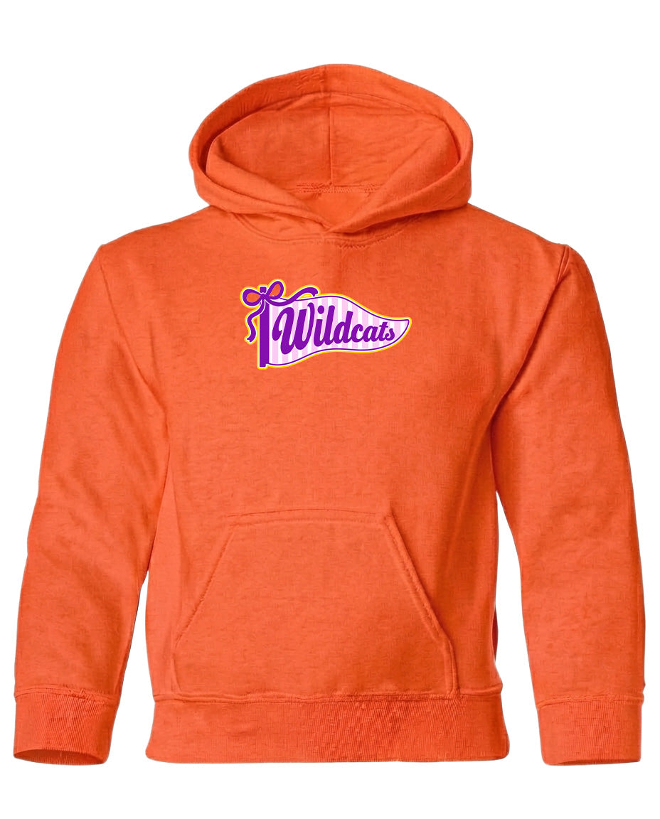 An orange hoodie with a graphic design on the front.