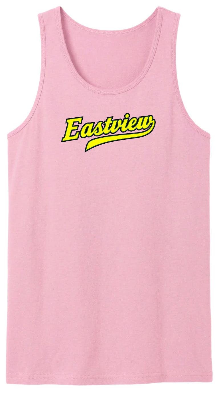 A pink tank top with the word "Eastview" printed in yellow on it.