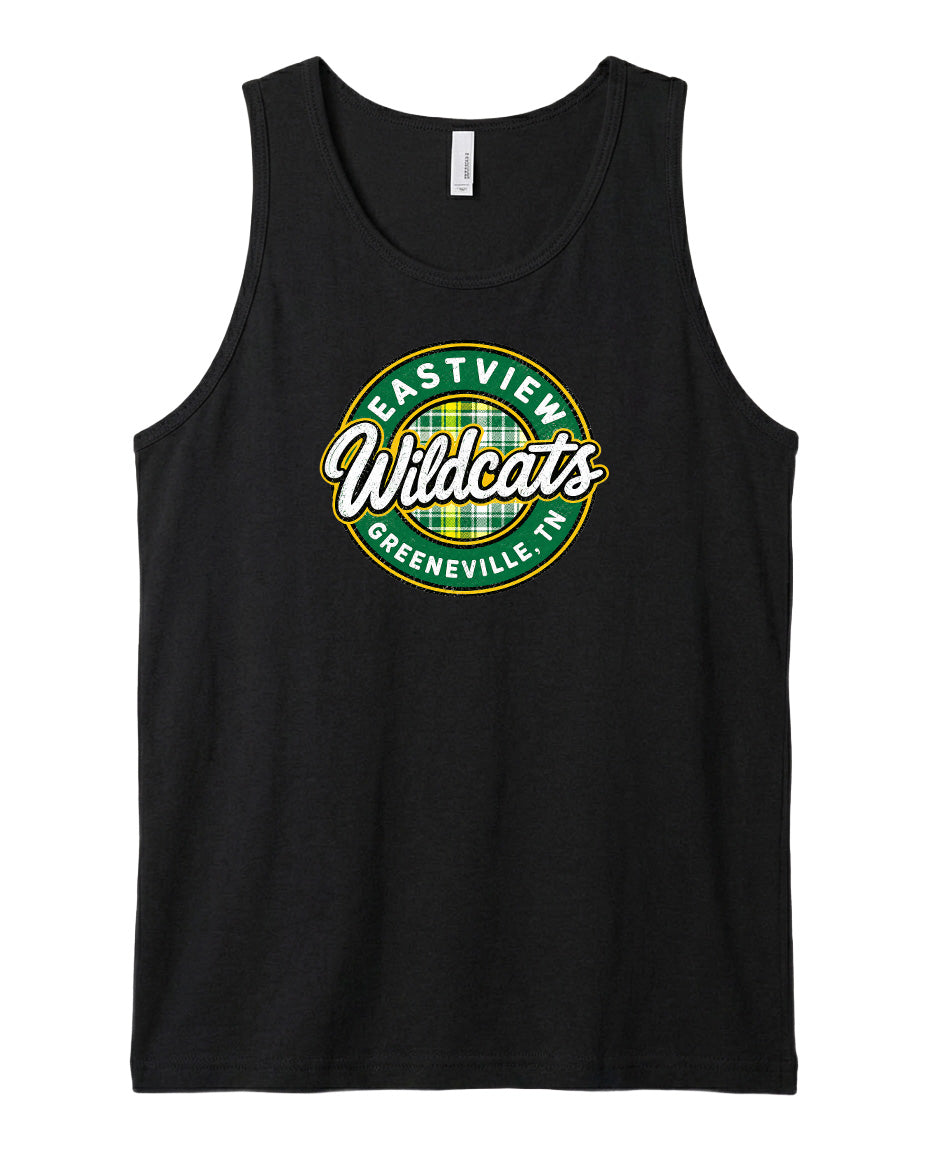 A black tank top with a circular logo on it.