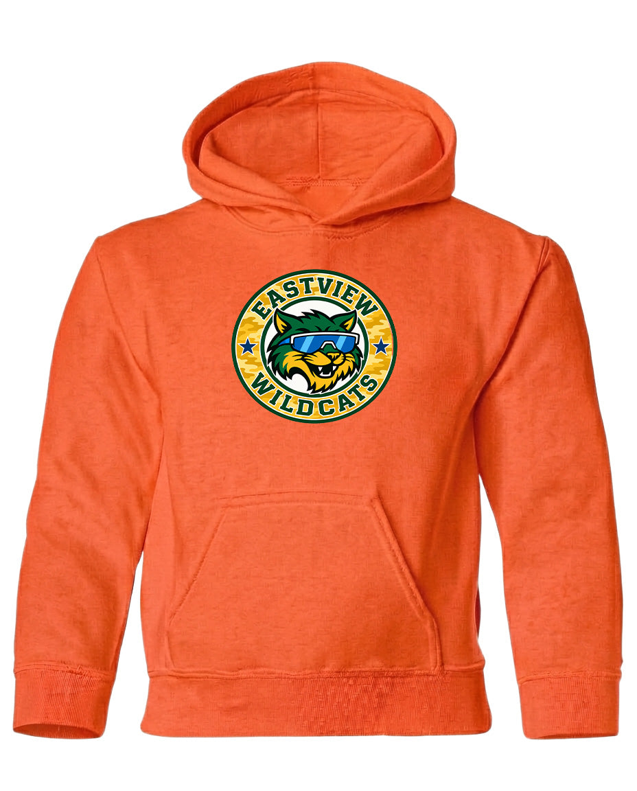 An orange hoodie with a logo on the front.