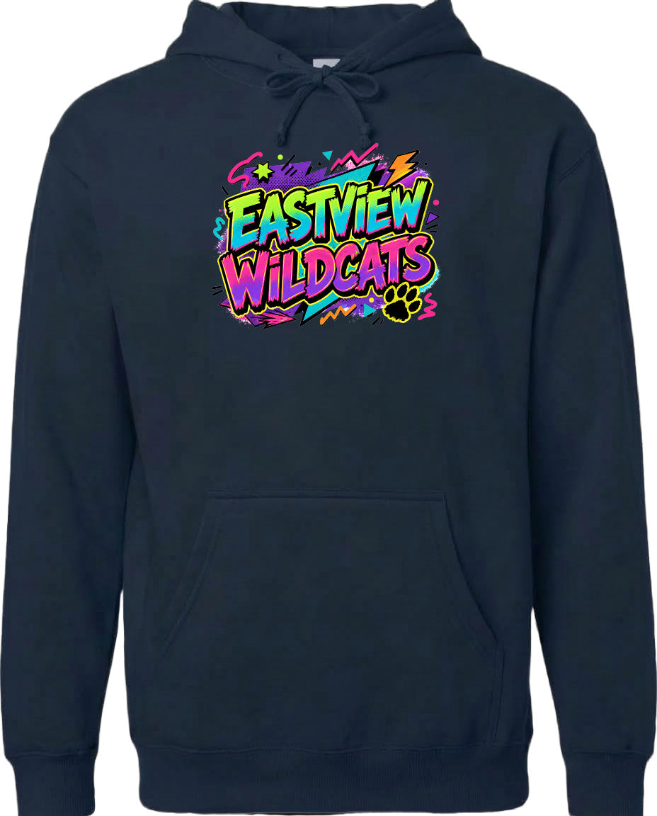 A navy blue hoodie with a colorful graphic design featuring the text "EASTVIEW WILDCATS" and a paw print.