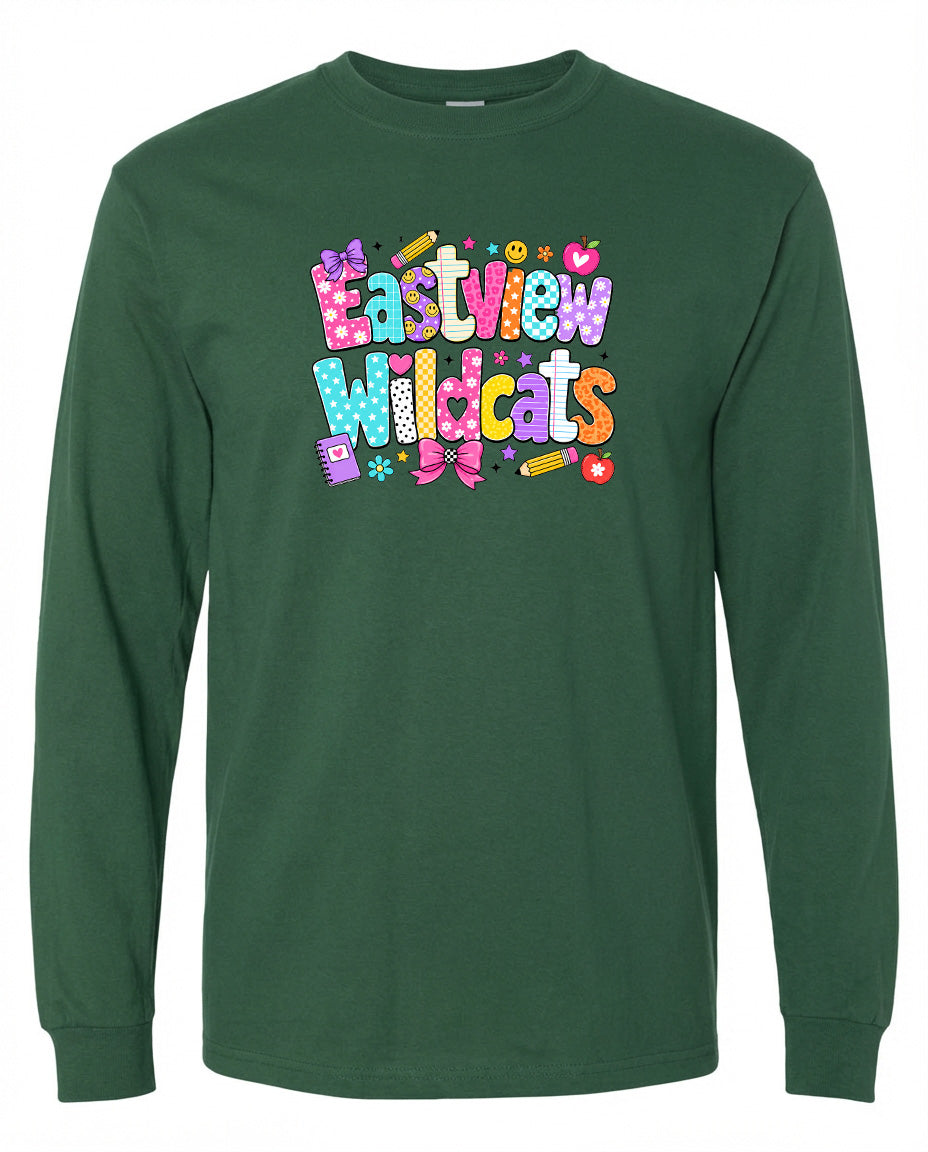 A green long-sleeved shirt with a colorful, playful graphic design featuring the text "Eastview Wildcats" in a vibrant, cartoon-like style.