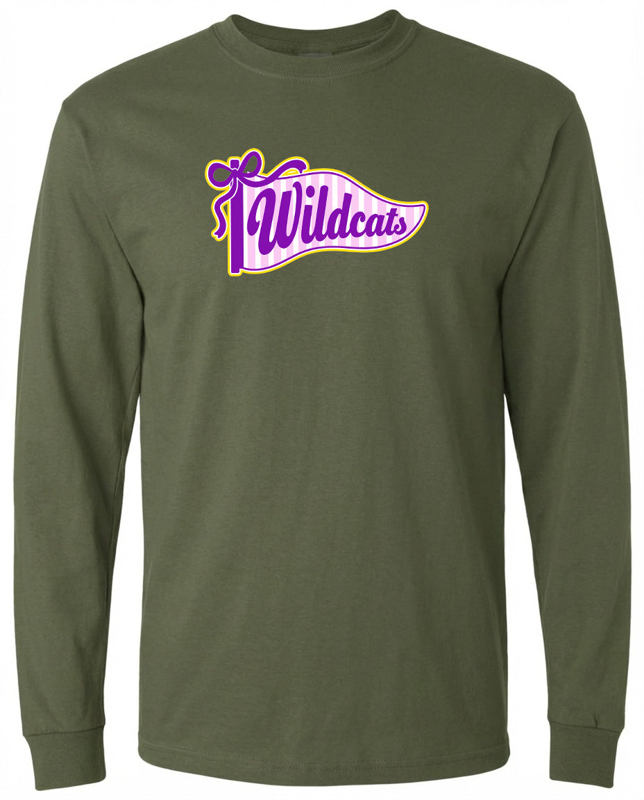 A long-sleeved olive green t-shirt with a graphic design featuring the text "Wildcats" in purple and pink colors.