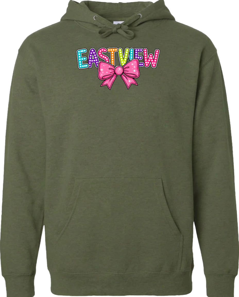 A green hoodie with a colorful bow and the word "EASTVIEW" printed on it.