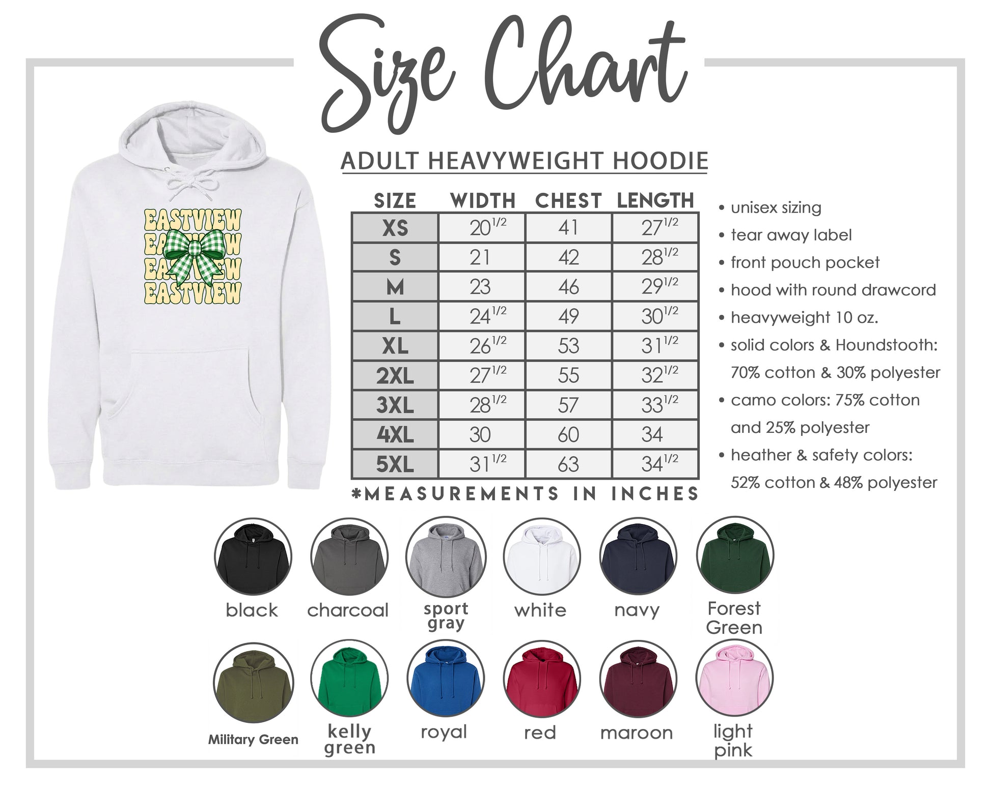 The image is a size chart for an adult heavyweight hoodie, including various color options and measurements in inches.