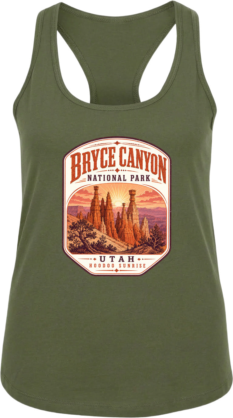 A green tank top with a graphic design depicting the Bryce Canyon National Park in Utah, featuring the iconic hoodoos and the sunrise.