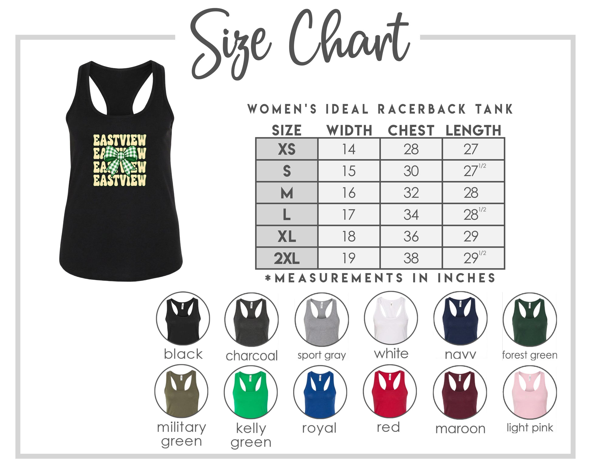 The image is a size chart for a women's ideal racerback tank, including various color options and corresponding chest measurements.