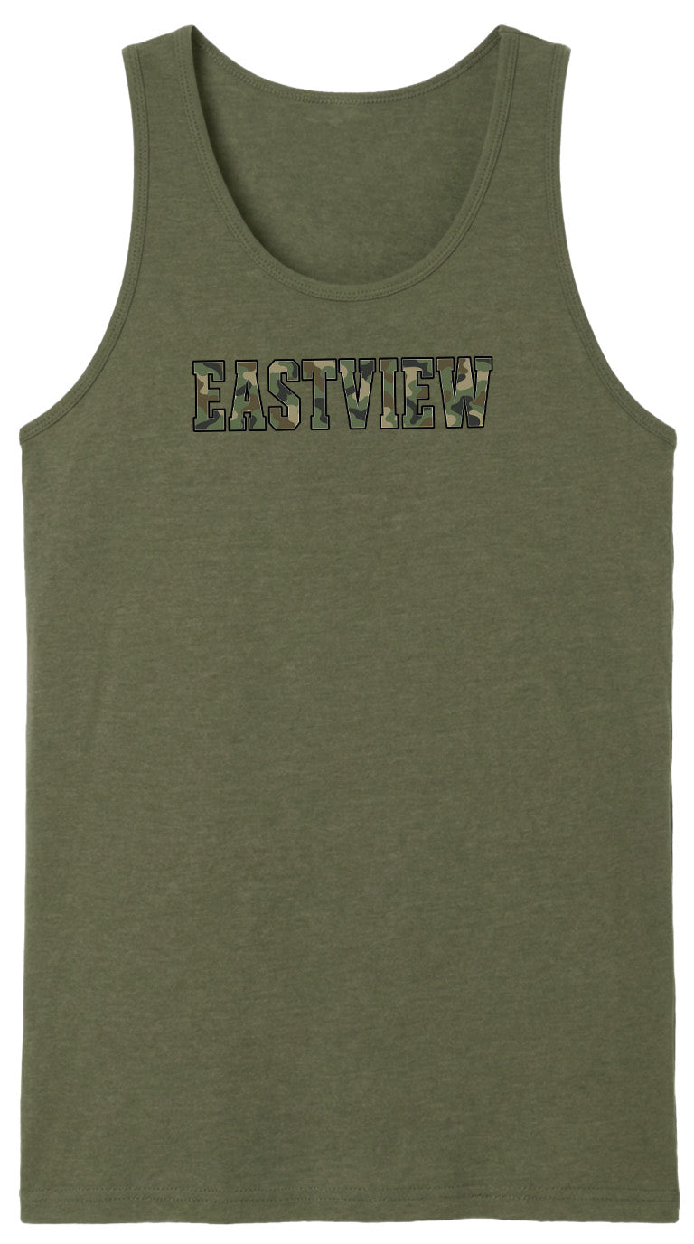 A green tank top with the word "EASTVIEW" printed on it in a camouflage pattern.