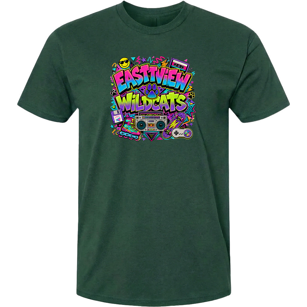A green t-shirt with a colorful graphic design featuring the text "Eastview Wildcats" surrounded by various icons and symbols, such as a boombox, sunglasses, and a skateboard.