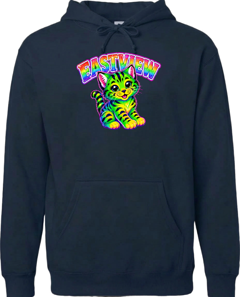 A hoodie with a colorful graphic of a cat and the text "EASTVIEW" printed on it.