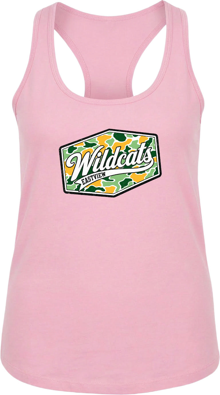 A pink tank top with a graphic design featuring the text "Wildcats EASTYPE" in a stylized font.