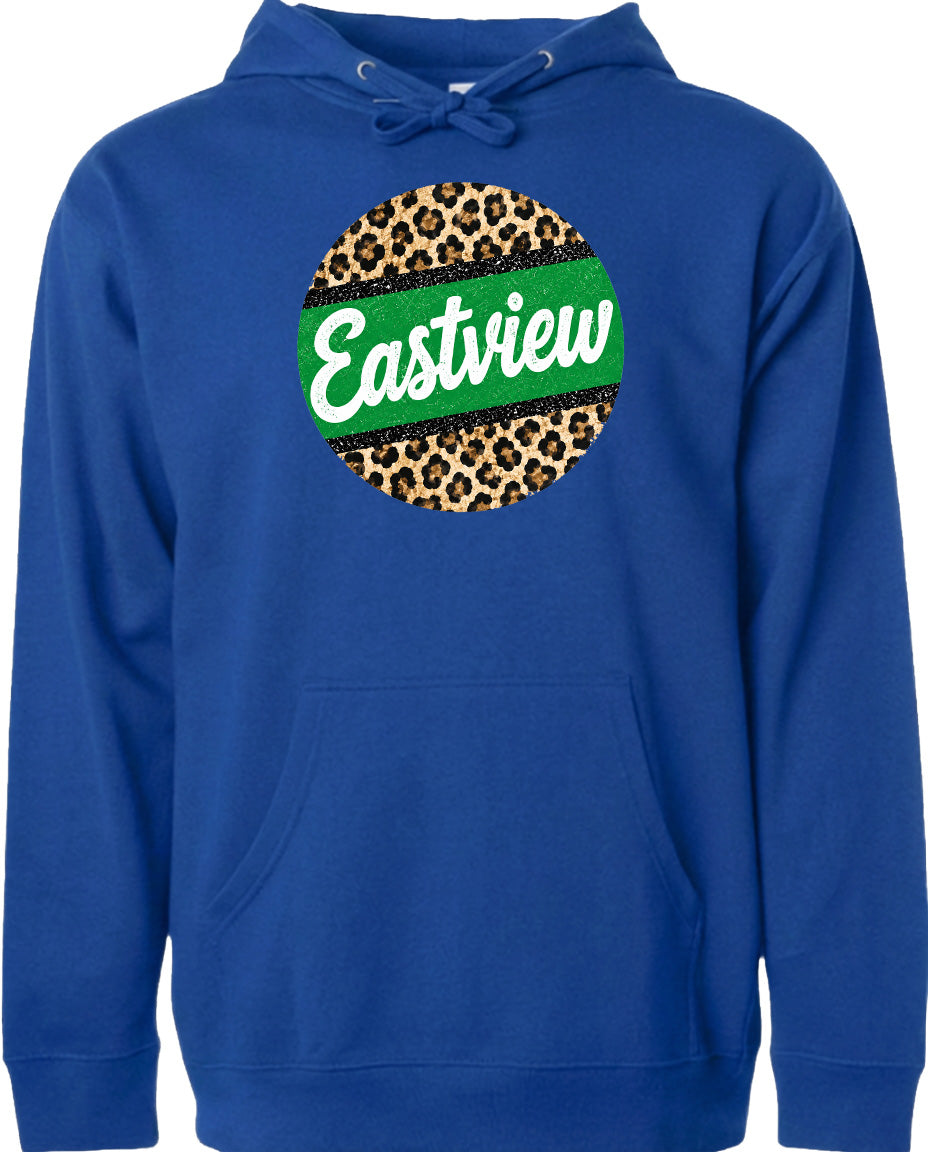 A blue hoodie with a leopard print design and the word "Eastview" printed on it.