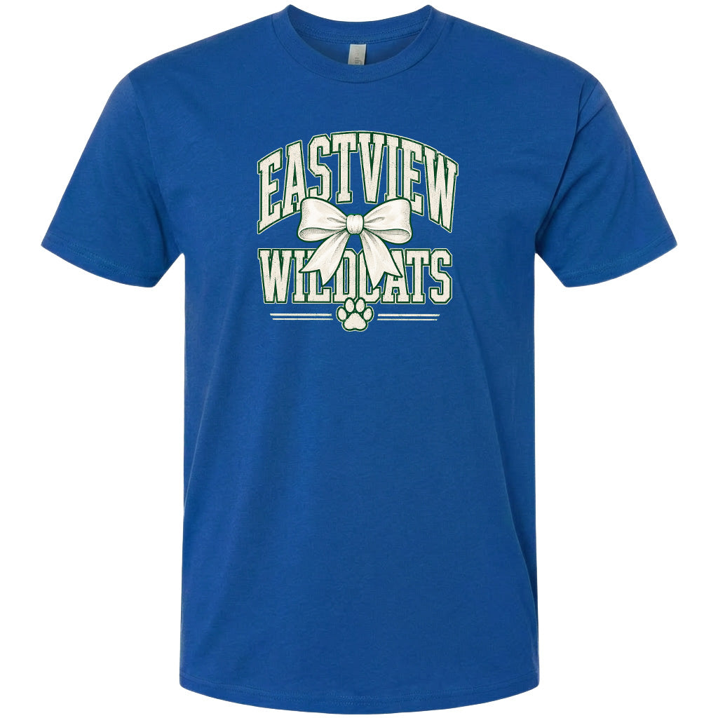 A blue t-shirt with a graphic design featuring the text "EASTVIEW WILDLIFE" and a white bow.