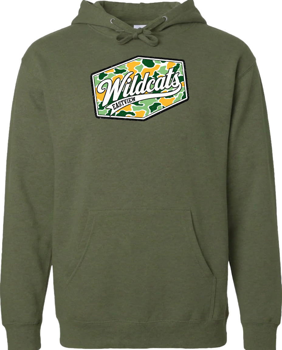 A green hoodie with a graphic design on the front.