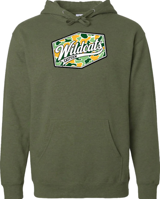 A green hoodie with a graphic design on the front.