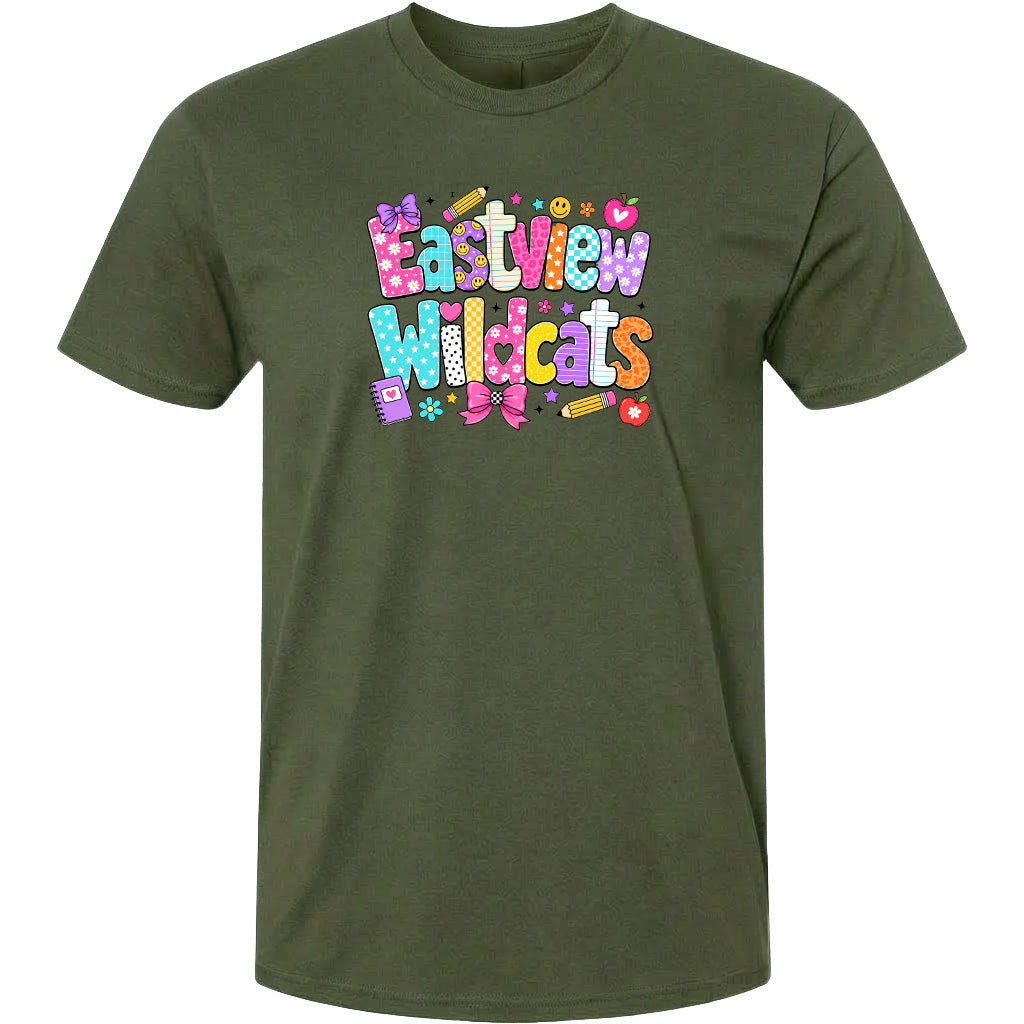A green t-shirt with a colorful graphic design featuring the text "Eastview Wildcats" and various decorative elements such as hearts, flowers, and stars.
