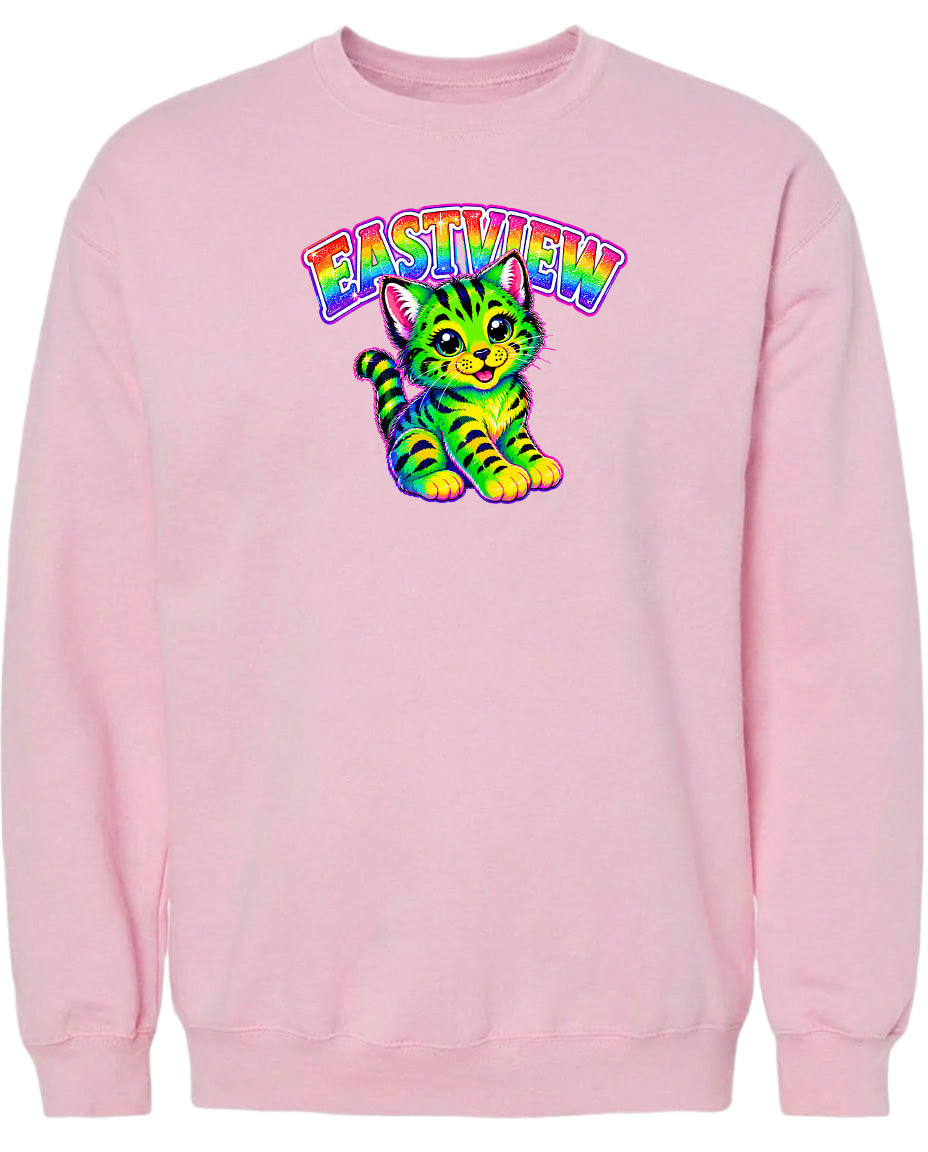 A pink sweatshirt with a colorful graphic of a cat and the text "EASTVIEW" printed on it.