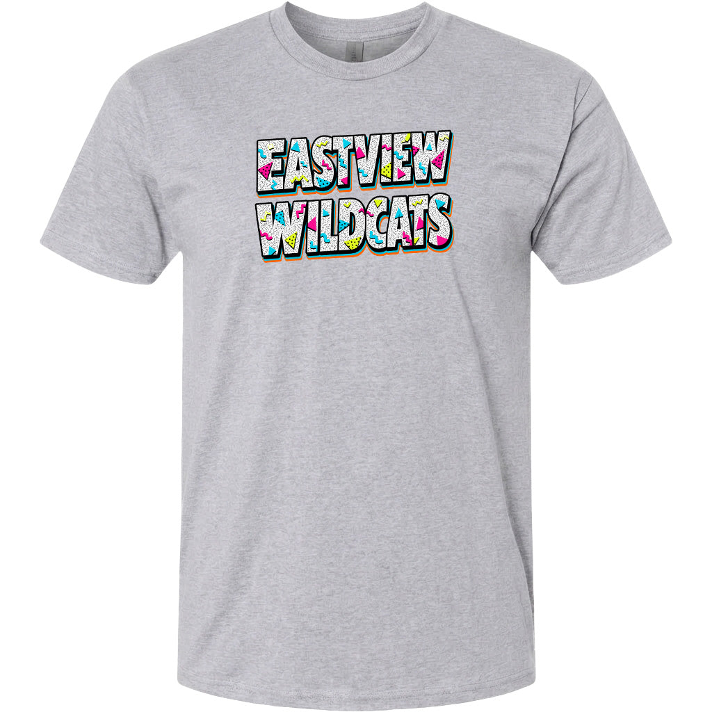 A gray t-shirt with the text "EASTVIEW WILDCATS" printed on it in a colorful, stylized font.
